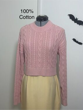 NWT Gap LoveShackFancy Pink Cable Knit Cotton Crop Sweater M